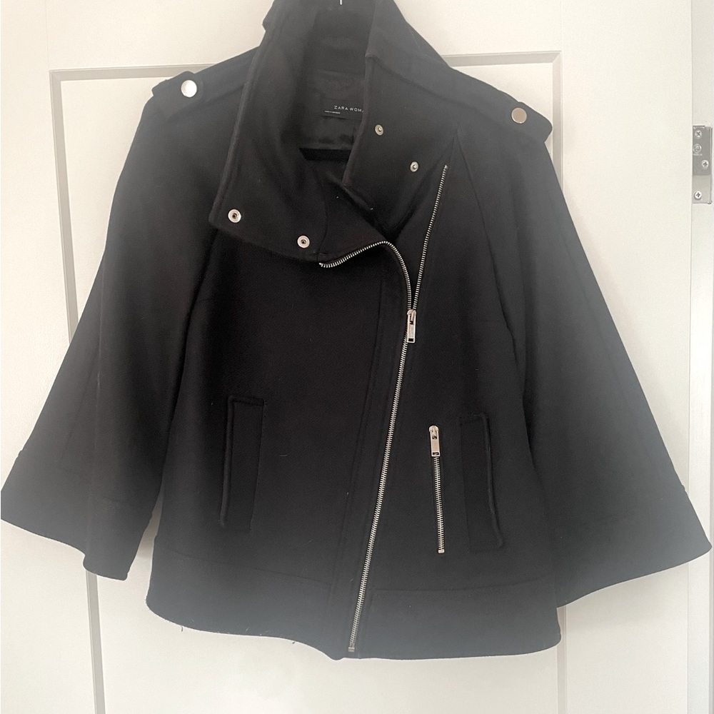 Zara Black Wool-Blend Moto Coat